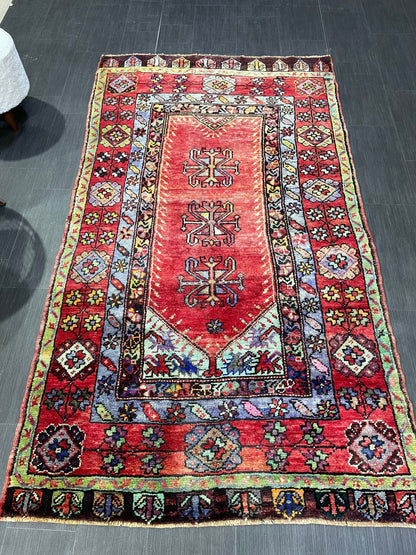 Vintage RUG, TURKISH 4.2 x 7.4 Rug, Wool Hand Knotted Rug, Persian Rug Wool Handmade Rug, Oushak Rugs Muted Hand Knotted rug