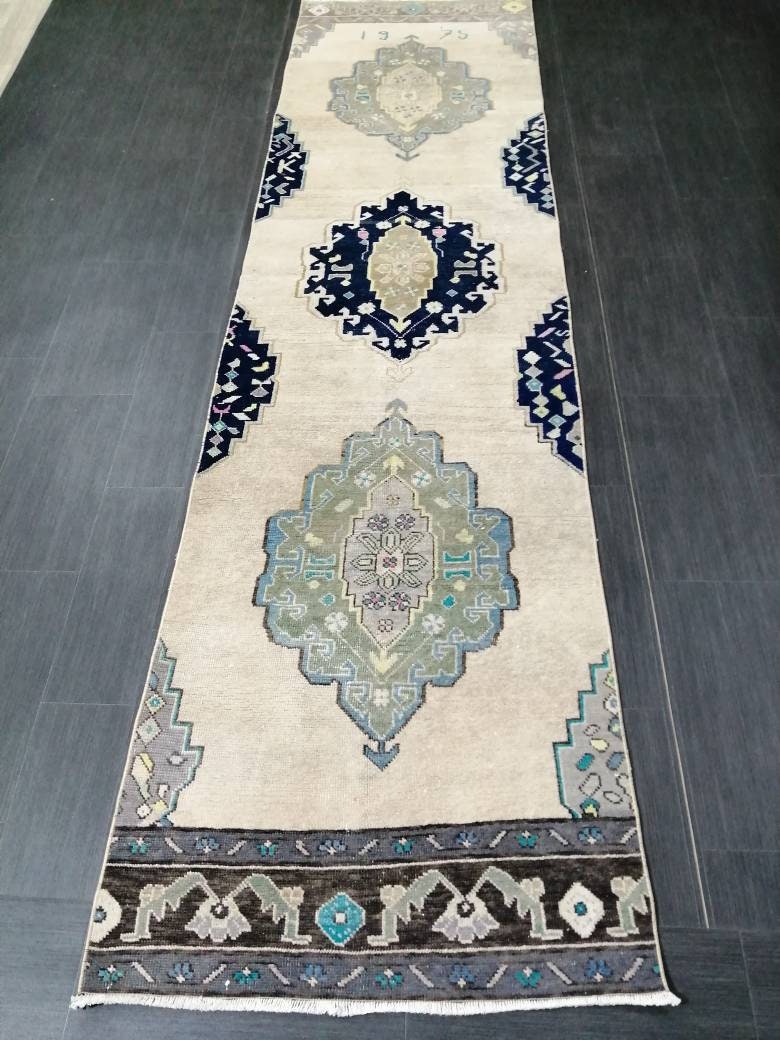 Vintage Runner Rug 2.7 x 10.6 Hallway Runner Rug Muted Kitchen Runner Rug Muted Wool Runner Rug Oushak Runner Rug Turkish Rug Runner