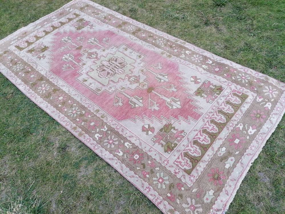 Vintage wool rug, turkısh hand made rug, oushak rug, living room rug 4x7'7