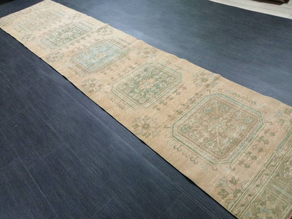 VINTAGE RUNNER Rug, Muted 2.5 x 11.4 Vintage Turkish Runner Rug, Oushak Runner Rug, Hand woven Rug, Oriental runner Rug