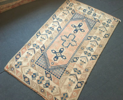 3.7x6.2 ft muted anatolian bedroom rug, vintage kitchen green floor rug, handmade wool blue turkish living room area rug, bathroom wide rug