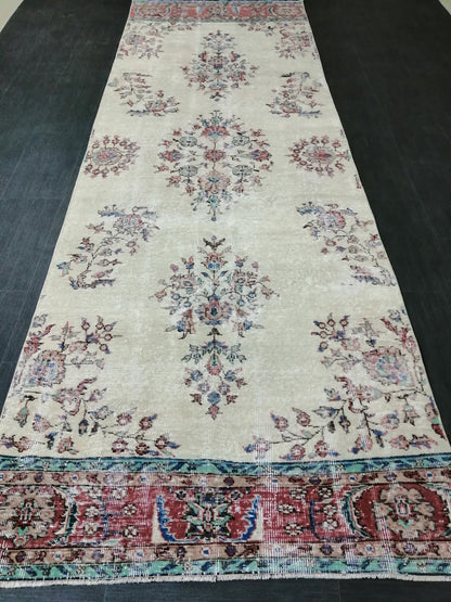 Distressed OUSHAK RUG 11.6 x 3.8 Muted Vintage  Runner Rug Vintage Runner Rug Wool Oushak Rug Vintage Turkish  Runner Rug