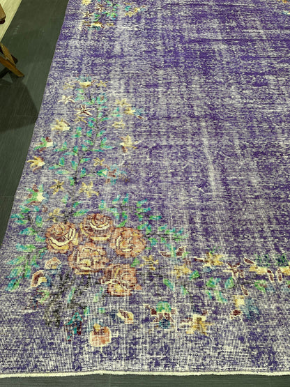 Vintage Rug 7 x 10.8 TURKISH Handmade Rug Violet Purple Vintage Hand Knotted Rug Distressed Persian Rug Oushak Rug, Wool Rug