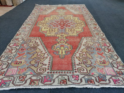 Distressed turkish rug, vintage wool rug 4x8'4 oushak handmade rug, rustic kitchen rug, bohemian rug