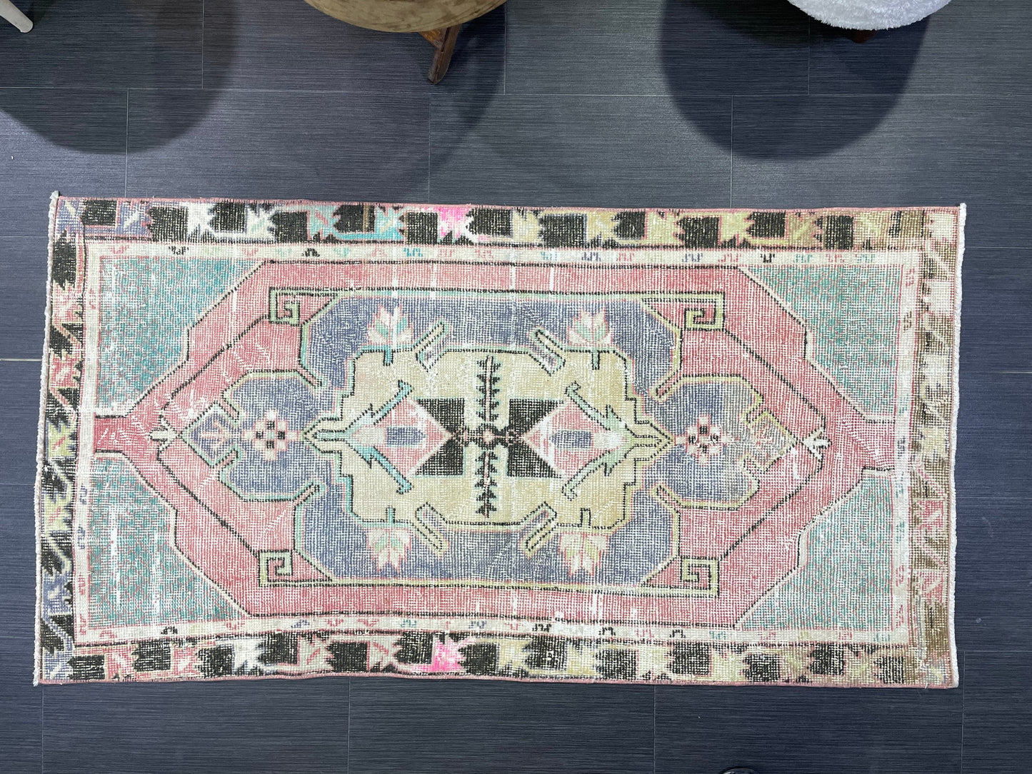 Turkish Rug, Hand Knotted Rug, 2.7 x 5 Living Room Rug, Bathroom Rug, Vanity Rug, Vintage Oushak Rug, Wool Vintage Rugs, Distressed Rug