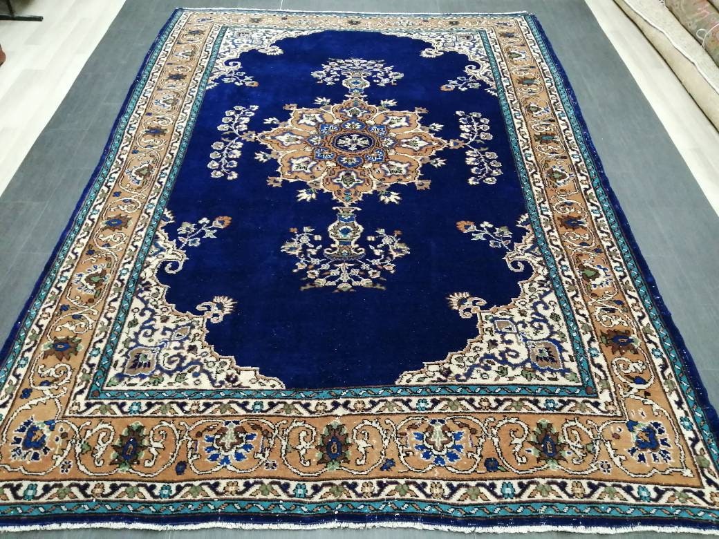 Navy High Wool Pile Vintage RUG 7 x 9.8 TURKISH Rug Vintage High Pile Oushak  Rug Vintage Rug Wool Oushak Rug Blue Rugs Persian Rug 7x10 rug