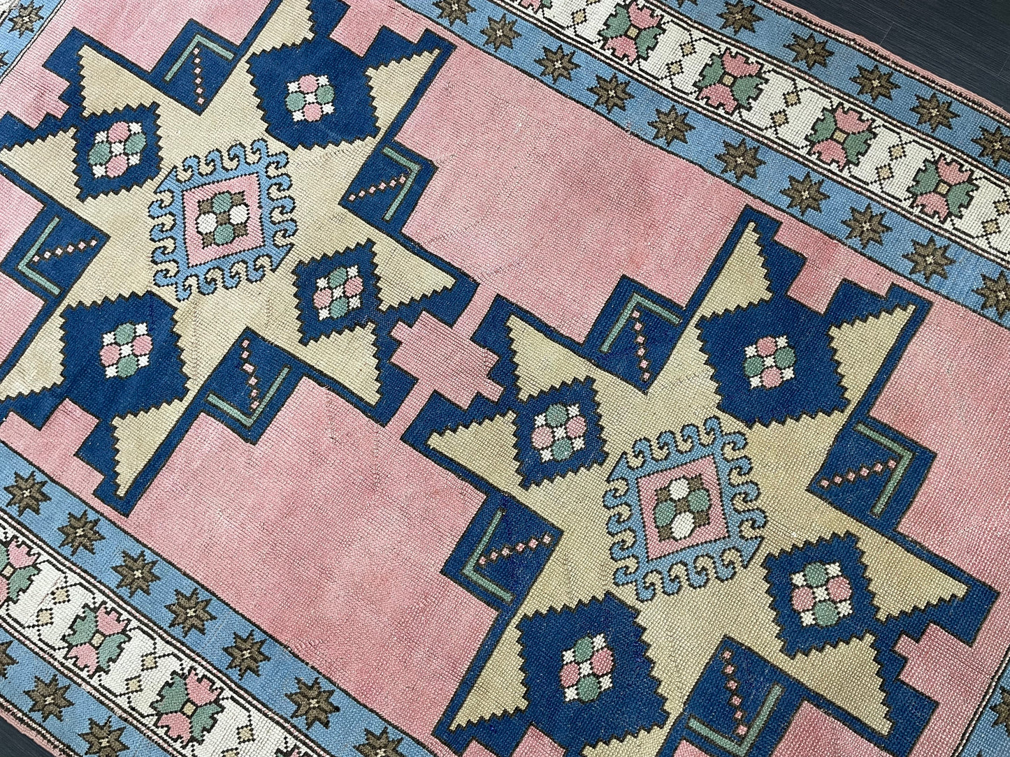 Turkish Rug Vintage 6.6 x 9.8 Rug Antique Rug Vintage Blue Pink Rug Wool
