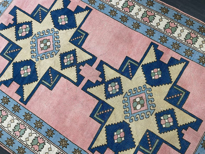 Turkish Rug Vintage 6.6 x 9.8 Rug Antique Rug Vintage Blue Pink Rug Wool