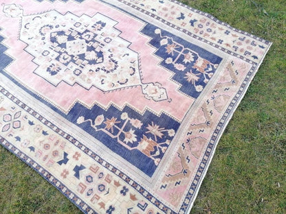 Vintage blue rug, large turkish oushak rug 6'1x9'6 living room rug, handmade wool rug