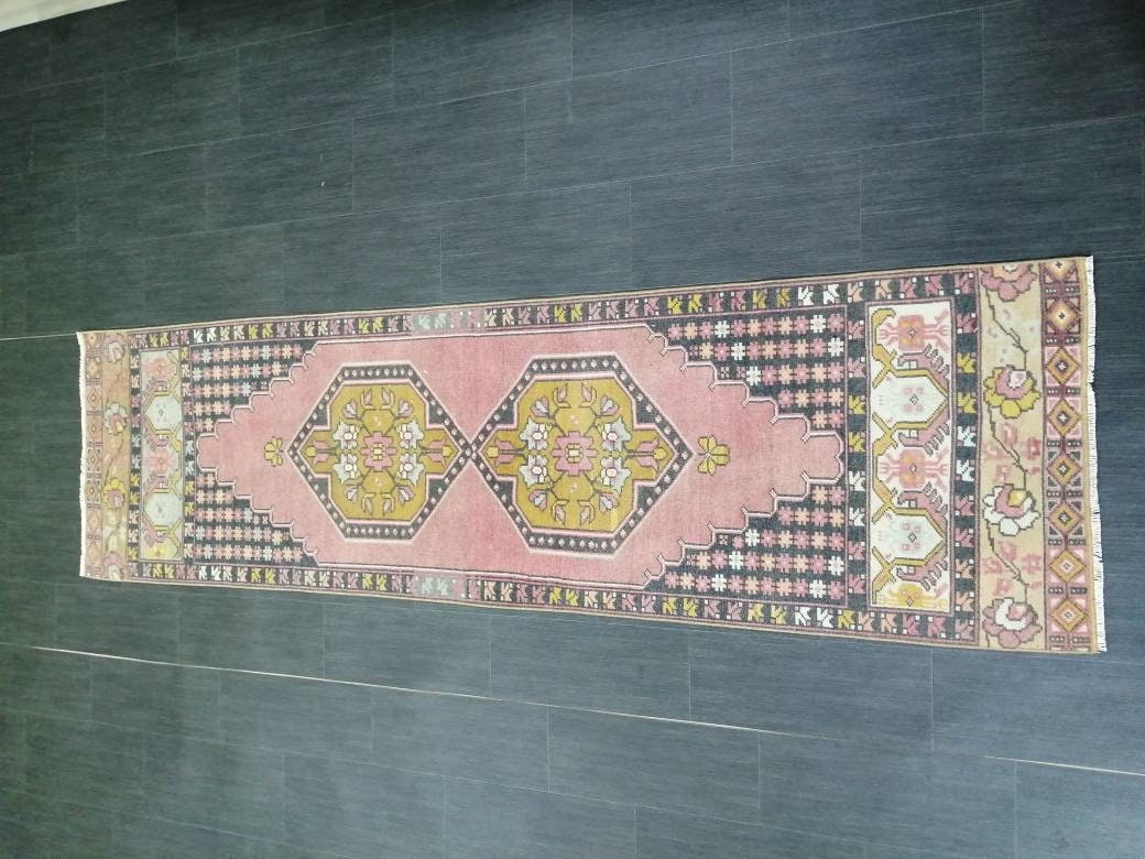 Pink Oriental Runner 2.4 x 8.7 Runner Hand Made TURKISH Runner Vintage Runner Muted Vintage Persian Muted Runner Rug Excellent Condition Rug