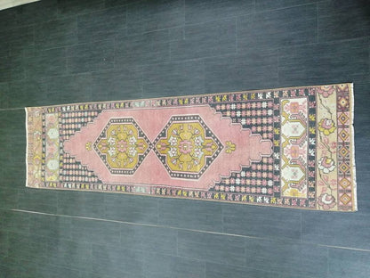 Pink Oriental Runner 2.4 x 8.7 Runner Hand Made TURKISH Runner Vintage Runner Muted Vintage Persian Muted Runner Rug Excellent Condition Rug
