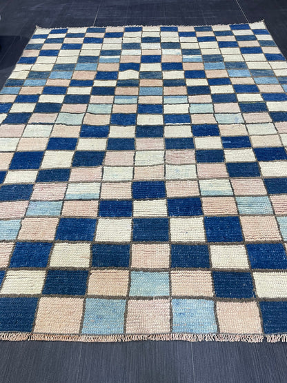 Persian Rug, Vintage 4.7 x 5.10 Rug, Navy Blue Hand Knotted Rug, HANDMADE Rug, Geometric Turkish Rug, Oushak Rug, Oriental Rug, Wool Rug