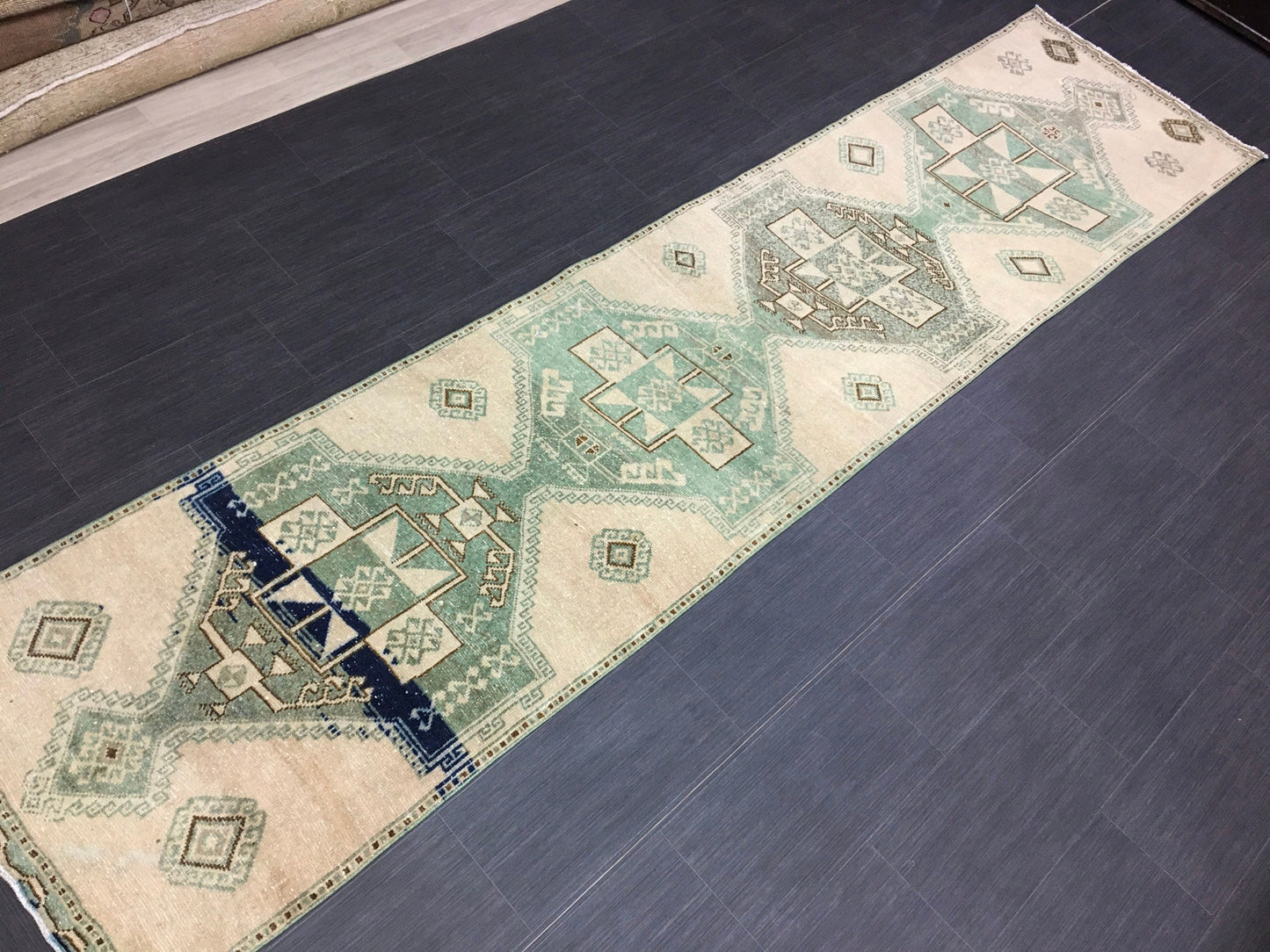 Vintage Hand Made Runner 2.7 x 11.6 Muted Runner Rug Turkish Runner Rug Muted Persian Runner Rug Vintage Rug Oriental Runner Rug Green