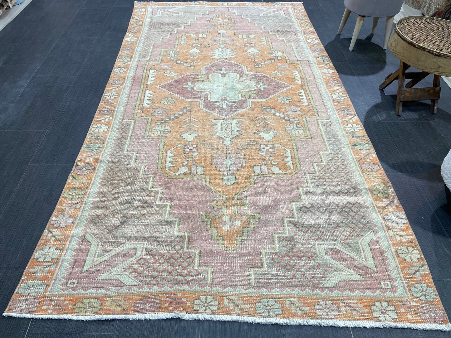 Handmade Rug, Persian 4.5 x 8.5  Rug, Navy Hand Knotted Rug, Vintage Rug, Yellow and Orange Turkish Rug, Oushak Rug, Oriental Rug, Wool Rug