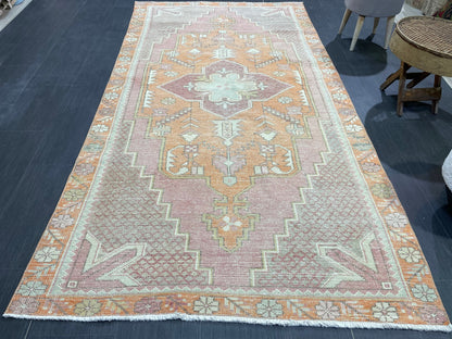 Handmade Rug, Persian 4.5 x 8.5  Rug, Navy Hand Knotted Rug, Vintage Rug, Yellow and Orange Turkish Rug, Oushak Rug, Oriental Rug, Wool Rug