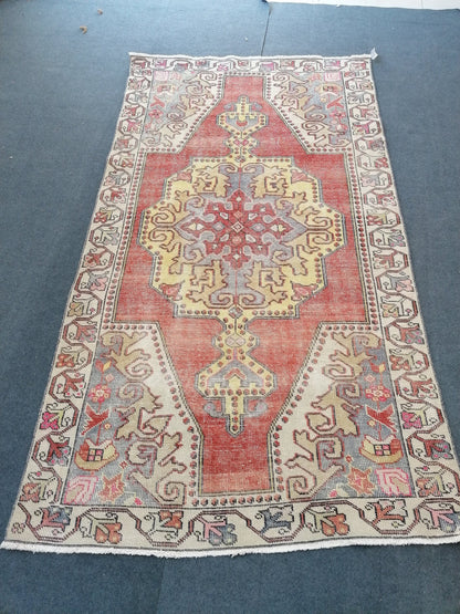 Distressed turkish rug, vintage wool rug 4x8'4 oushak handmade rug, rustic kitchen rug, bohemian rug