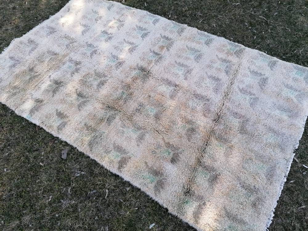 Shaggy rug, organic wool long pile 4'9x8  unique hand made bed rug, bohemian traditional