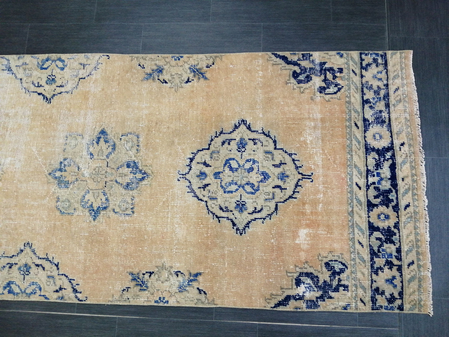 3 x 12  Blue Oushak Runner Rug Turkish Runner Rug Vintage Runner Rug Hallway Runner Rug Kitchen Runner Rug Wool Runner Rug Wool Oushak Rug