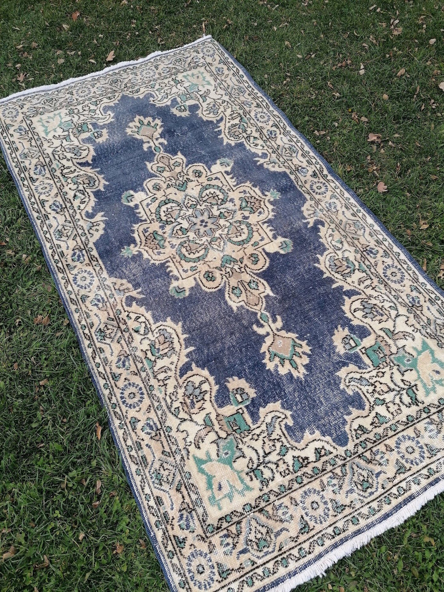 Turkish oushak rug, blue vintage rug 7'2x3'10