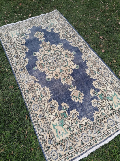 Turkish oushak rug, blue vintage rug 7'2x3'10