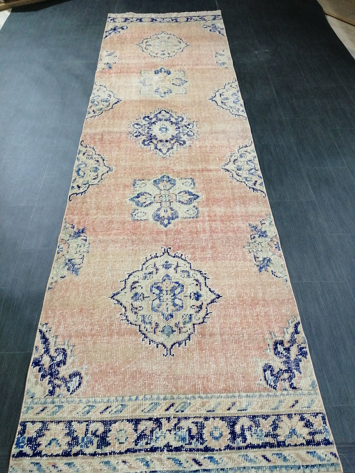 Distressed Oushak Runner Rug 12 x 3.4 Turkish Runner Rug Vintage Runner Rug Hallway Runner Rug Kitchen Runner Rug Wool Runner