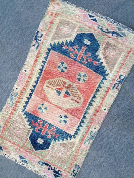 Vintage wool small rug 1'8x2'9 turkish oushak rug, blue hallway hand made rug kitchen rug bohemian rug