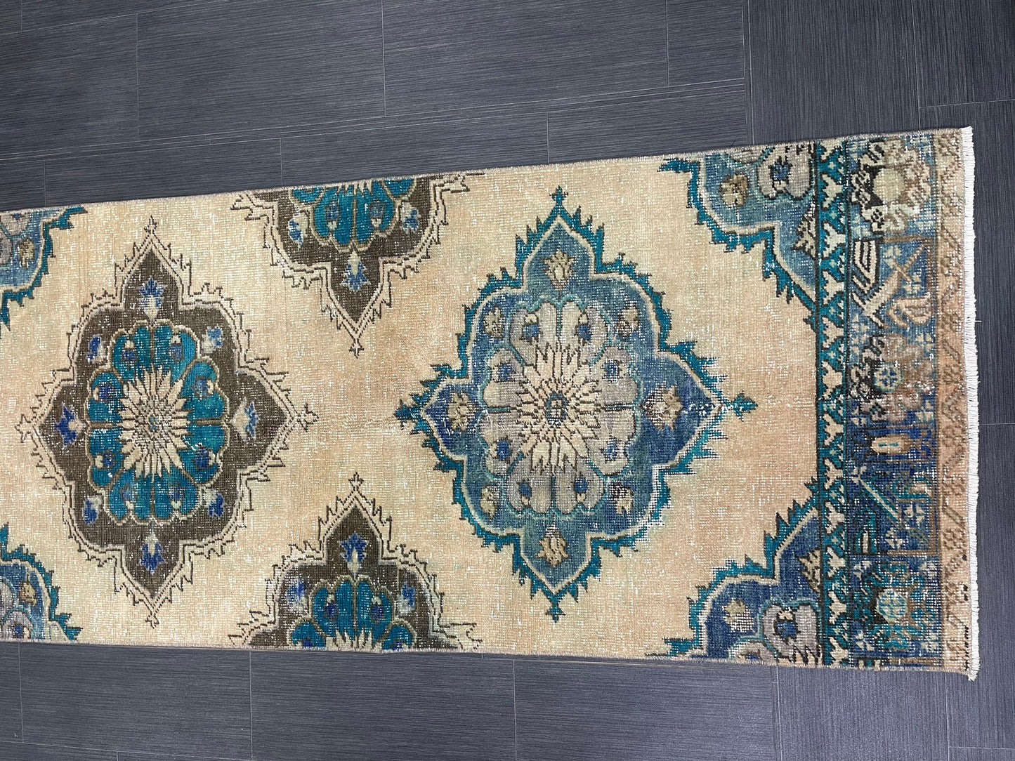 Distressed Handmade Runner Rug 2.8 x 12.4 Turkish Runner Rug Vintage Runner Rug Hallway Runner Rug Kitchen Runner Rug Wool Runner Rug