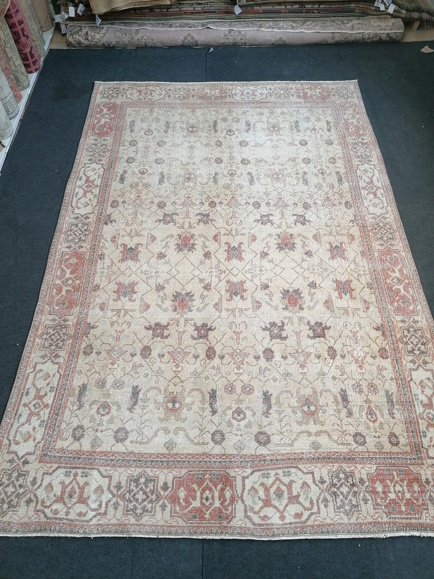 Vintage rug 6'10x10'4 large turkish rug, pastel vintage turkish rug, oushak hand made wool rug, large living room rug, bohemian rug