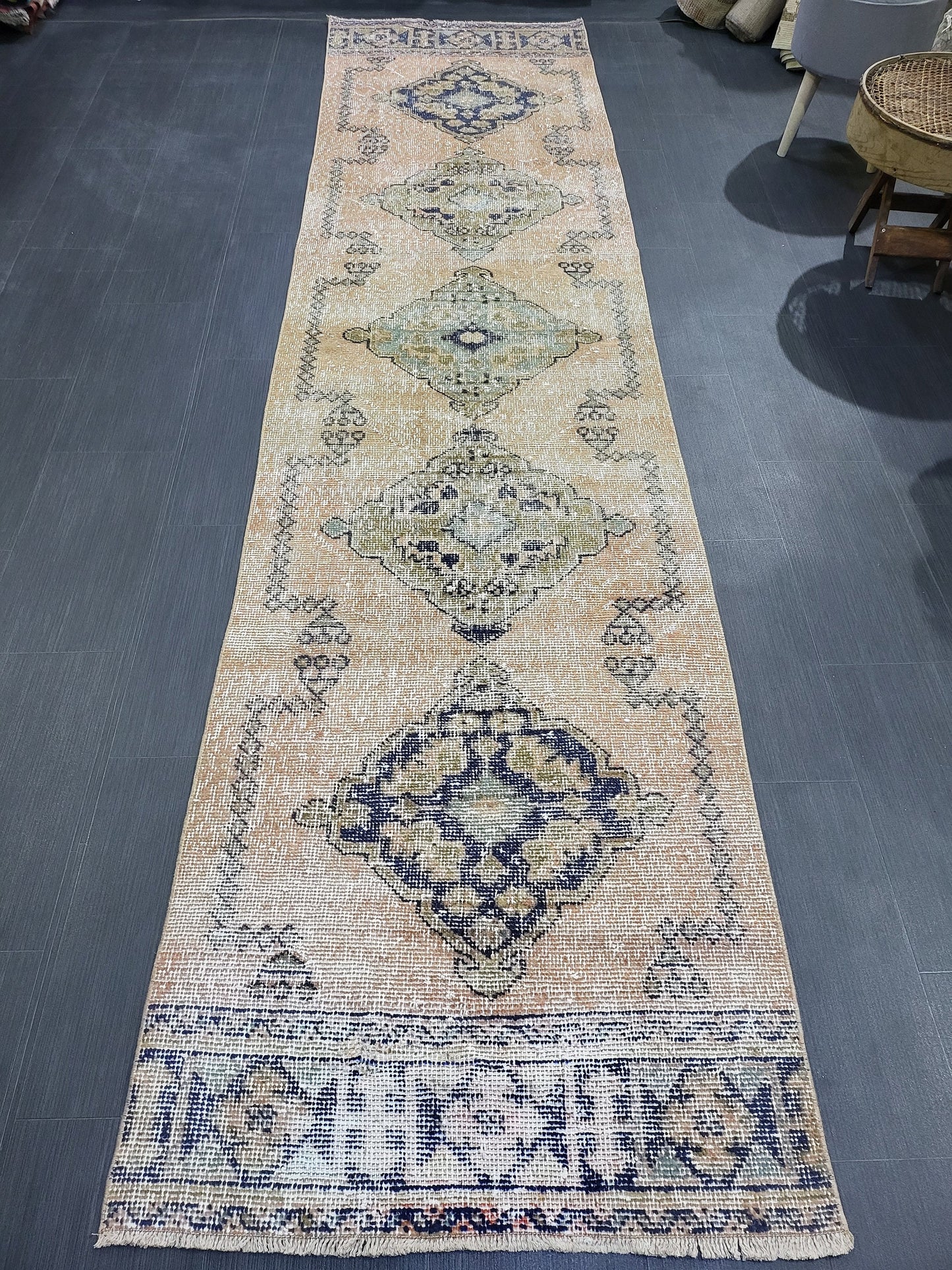 2.9 x 11.4 Low Wool Pile Oushak Runner Rug, Turkish Runner Rug, Vintage Runner Rug, Hallway Runner Rug Kitchen Runner Rug Wool Runner Rug