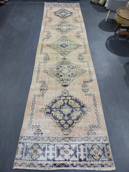 2.9 x 11.4 Low Wool Pile Oushak Runner Rug, Turkish Runner Rug, Vintage Runner Rug, Hallway Runner Rug Kitchen Runner Rug Wool Runner Rug