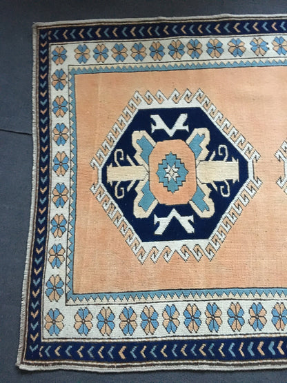 4x6 feet blue turkish bedroom middle rug, handmade orange kitchen floor large rug, vintage living room area rug, bohemian anatolian wool rug