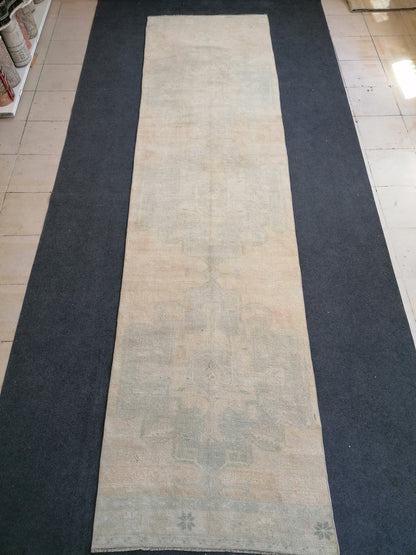 3.3 x 12.9 Turkish runner rug, vintage oushak runner rug,kitchen runner rug, hallway runner rug, Handmade runner