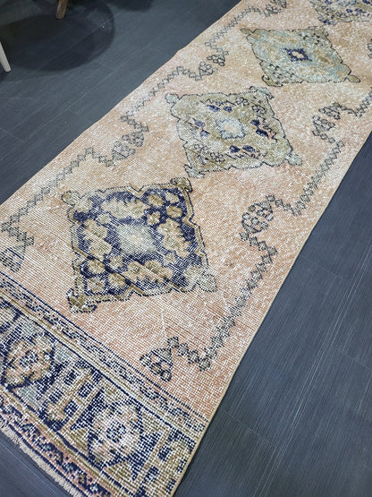2.9 x 11.4 Low Wool Pile Oushak Runner Rug, Turkish Runner Rug, Vintage Runner Rug, Hallway Runner Rug Kitchen Runner Rug Wool Runner Rug