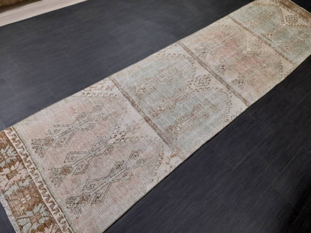 Muted Vintage Runner Rug 3.2 x 12.3 Hand Made Runner Rug Turkish Runner Rug Pink Vintage Runner Rug Hallway Runner Rug Distressed Runner Rug