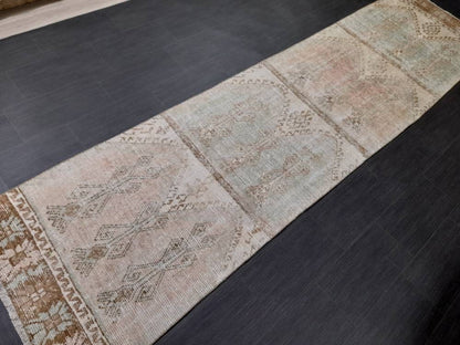 Muted Vintage Runner Rug 3.2 x 12.3 Hand Made Runner Rug Turkish Runner Rug Pink Vintage Runner Rug Hallway Runner Rug Distressed Runner Rug