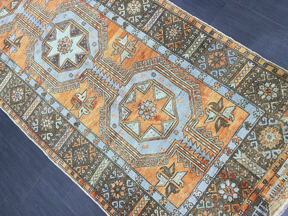 Vintage Hand Knotted Vintage 4.3 x 11.3 Runner Oushak Runner Rug Turkish Runner Rug Vintage Runner Rug Star Kitchen Runner Natural Wool