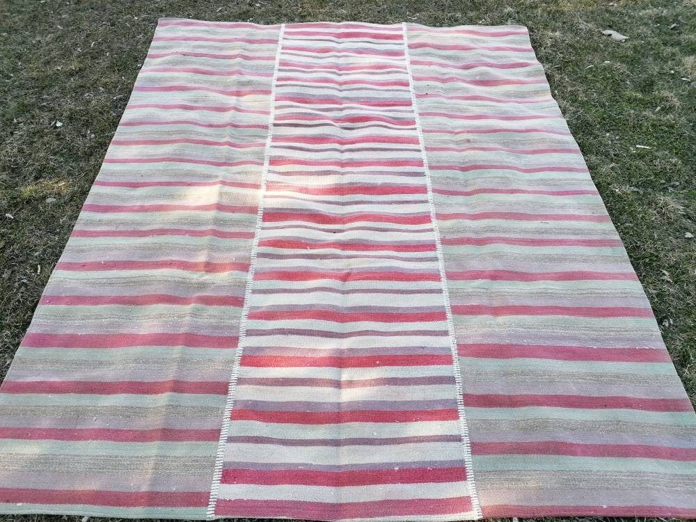 6'9x8'5 flatwoven kilim rug, stripe turkish hand made rugs  vintage turkish rugs oushak rug vintage oushak rug, wool rug