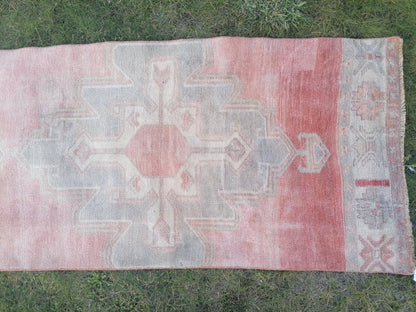 Faded turkish runner rug, 12'3x2'8, soft runner rug, pastel vintage oushak runner rug, kitchen runner rug,hallway runner rug