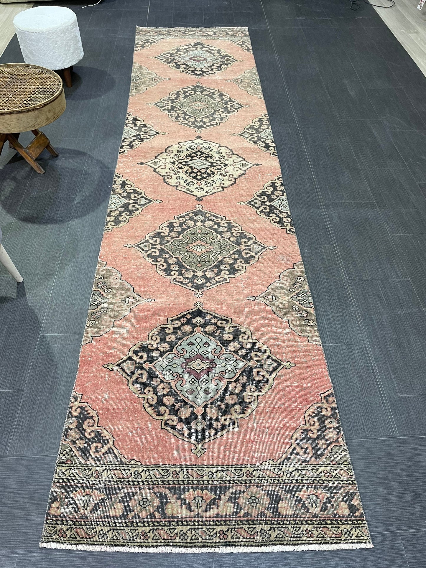 Vintage Turkish Runner Rug, Oushak Runner Rug, Handmade 2.9 x 11.6 Runner Rug, Hand Knotted Runner Rug, Hallway Runner, Kitchen Runner