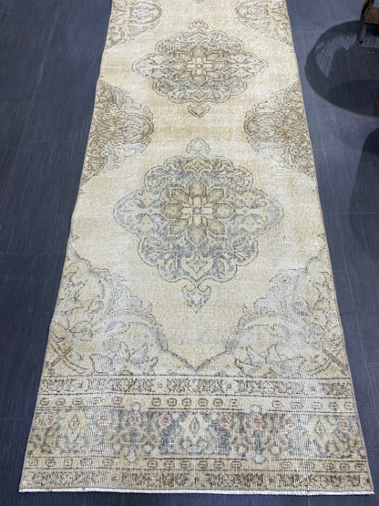 Muted Distressed Runner Rug, Vintage 2.10 x 12.9 Runner Rug, TURKISH Muted Runner Rug, Oushak Runner Rug, Fine Runner Rug,Antique Runner Rug