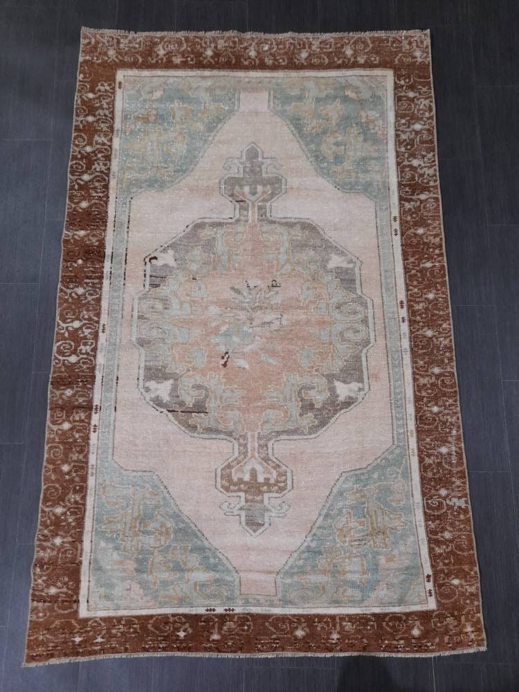 Wool Oushak Rug Vintage 4 x 6.4 Rug Muted Vintage Runner Rug Wool Oriental Rug Hand Made Rugs Vintage Turkish Rug Muted Persian Wool Rug