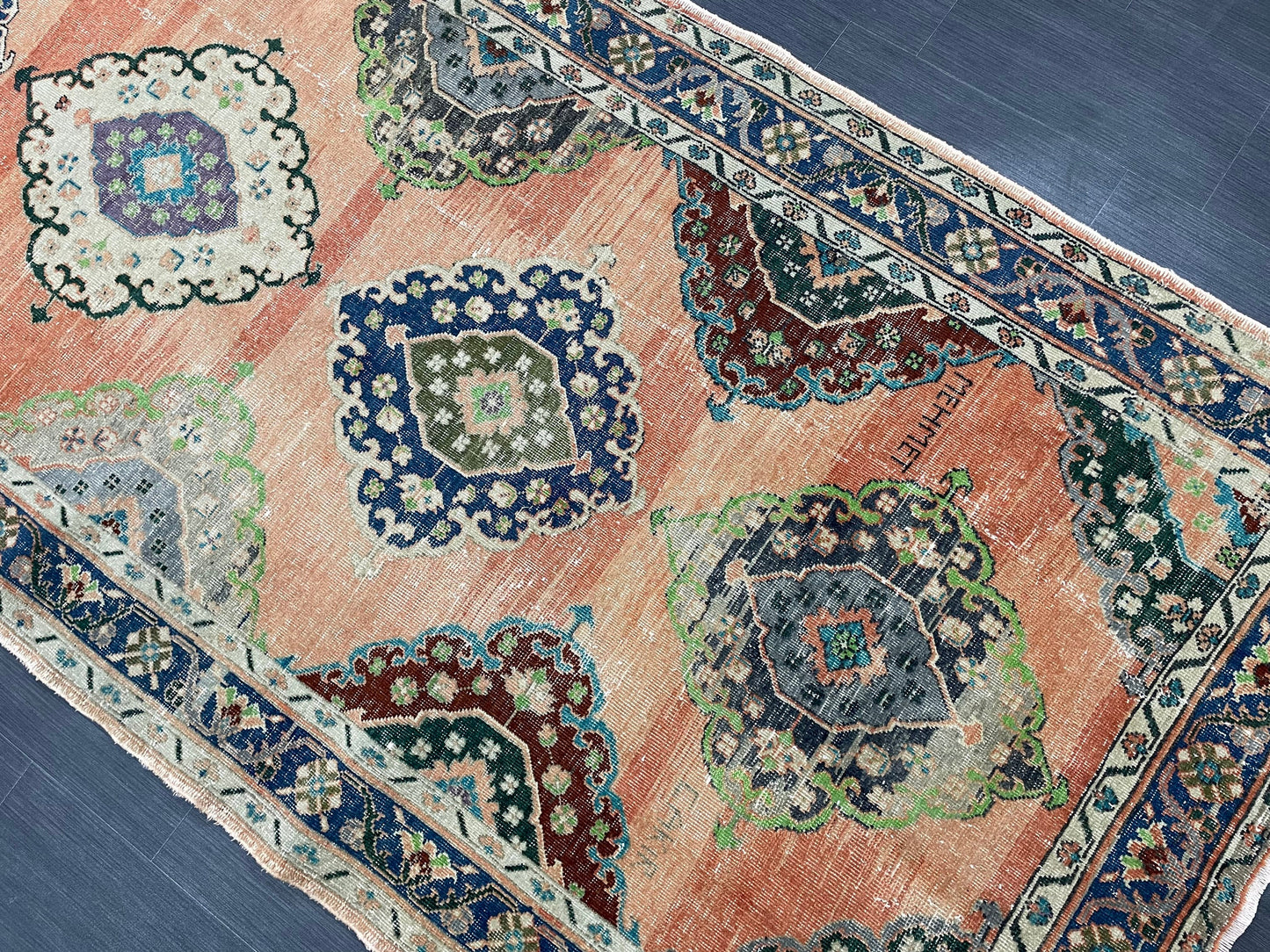 Vintage Hand Knotted Vintage 4.8 x 13 Runner Oushak Runner Rug Turkish Runner Rug Vintage Runner Rug Star Kitchen Runner Natural Wool