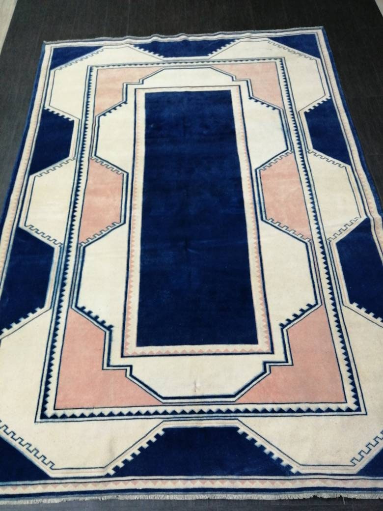 Vintage Rug,  Navy Unique Pattern Rug 6.8 x 9.8 Oushak Rugs, 7x10 Rugs,Turkish Rugs Navy Blush Green Rugs, Oriental Rug, Fine Rugs