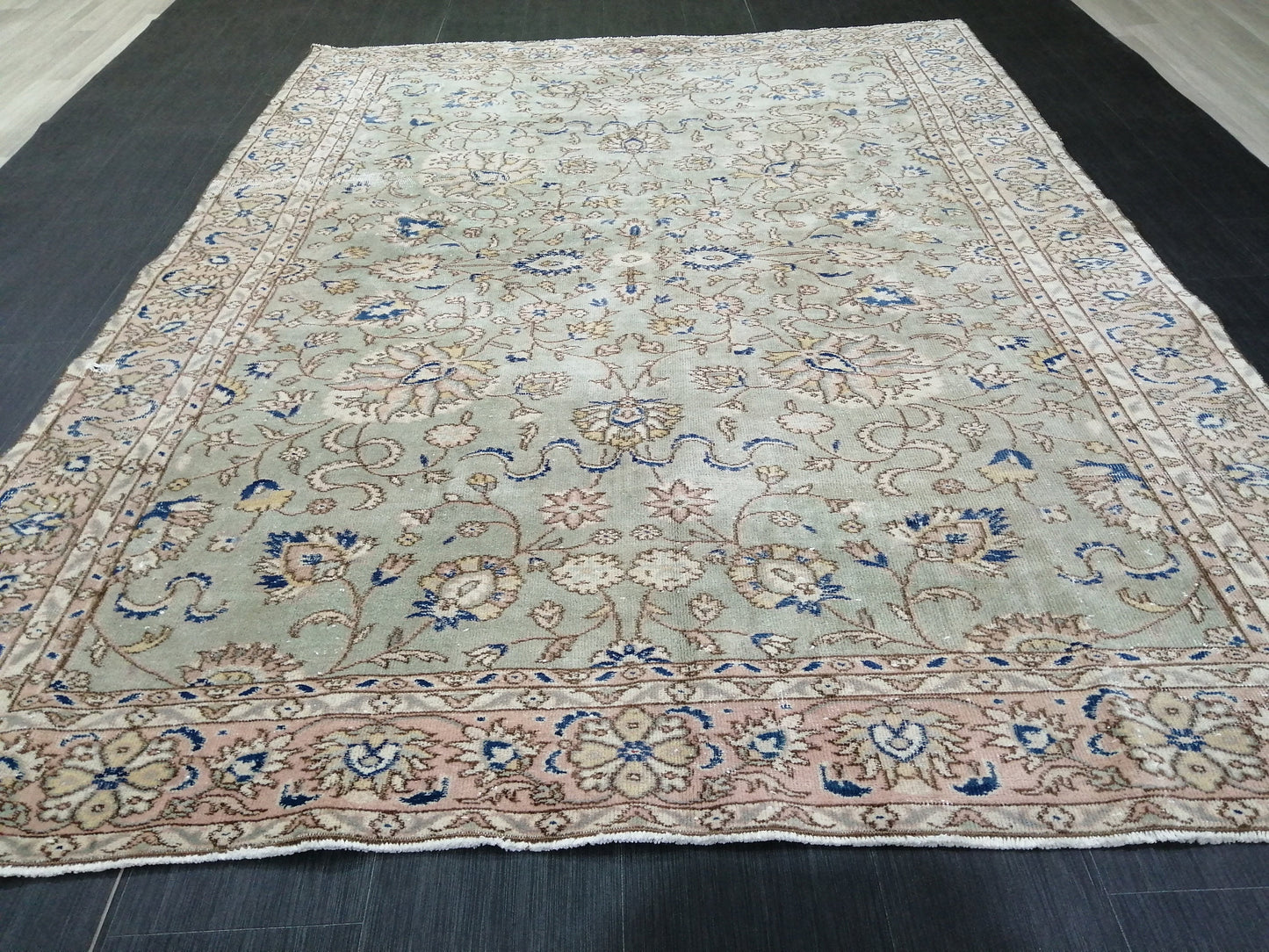 6.3 x 8.4 OUSHAK RUG TURKISH Light Green Blue Rug Vintage Oriental Rug Vintage Wool Fine Knotted Rug Hand Made Rugs Turkish Rug 6x8