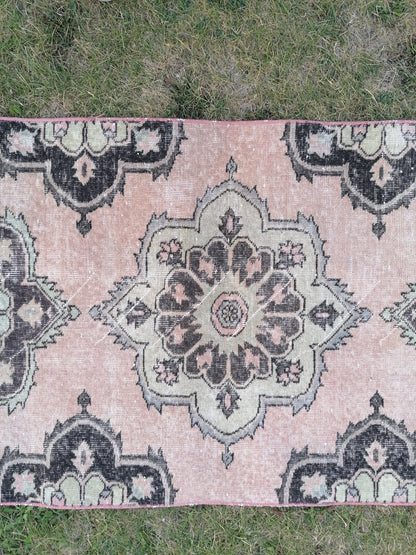 2'8x11'10 oushak turkish runner rug, vintage green runner rug, vintage wool runne, vintage hand made rug , kitchen runner rug,