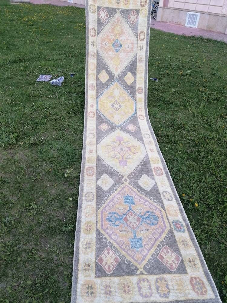 Oushak wool runner 3x13 turkish  oushak new production handmade rug, hallway runner rug
