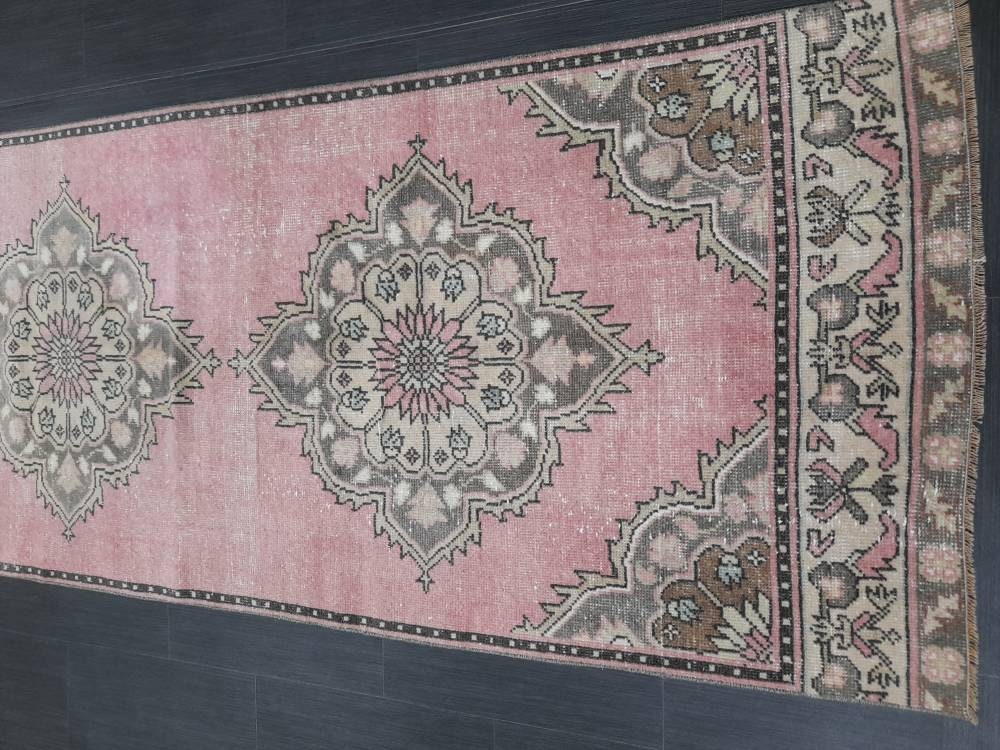Vintage Runner Rug Muted 3.2 x 11.2 Hand Made Runner Rug Turkish Runner Rug Pink Vintage Runner Rug Hallway Runner Rug Wool Kitchen Runner