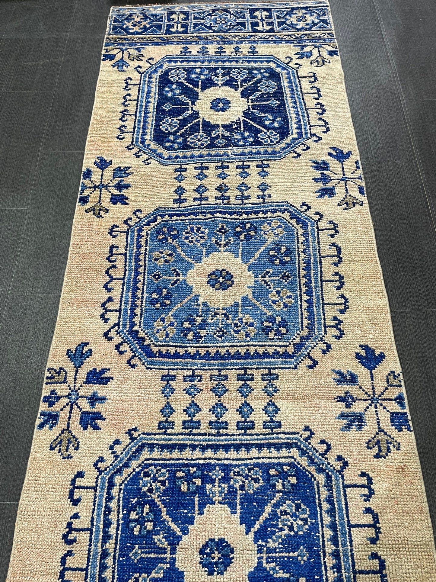 Blue and Blue Vintage Runner Rug Vintage Oushak Runner Rug 2.7 x 12  Hallway Runner Rug Turkish Kitchen Runner Antique Oriental Runner Rug