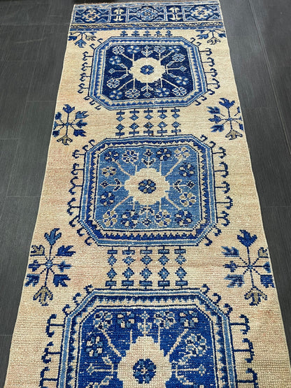 Blue and Blue Vintage Runner Rug Vintage Oushak Runner Rug 2.7 x 12  Hallway Runner Rug Turkish Kitchen Runner Antique Oriental Runner Rug