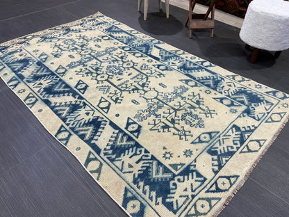 Hand Knotted Rug, Vintage Handmade RUG, Muted Vintage 3.8 x 6.2 Rug, Fine Rug, Wool Oushak Rug, Vintage Persian Rug, Turkish Blue Rug.